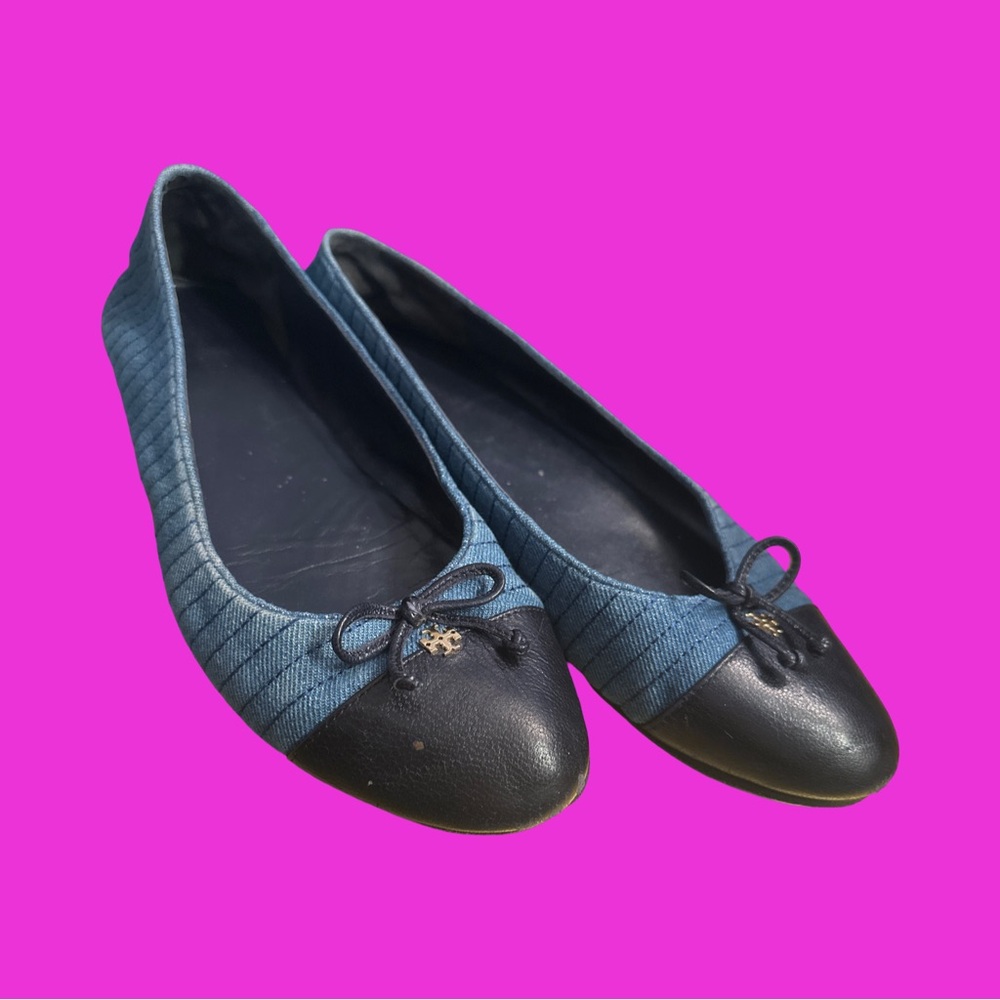 Tory Burch  Leather & Quilted Denim Cap-Toe Ballet Flats US 8M - Leather Sole !!